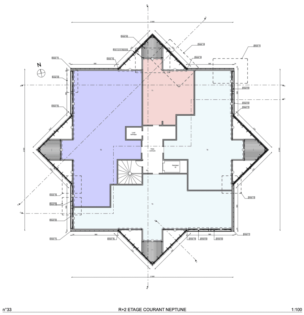 Copropriété « Les Planètes », Plan du R+2 : étage courant, REX Rénovation BBC en copropriété, Batylab, mai 2023. Source : Source : [4 point 19] Architectes